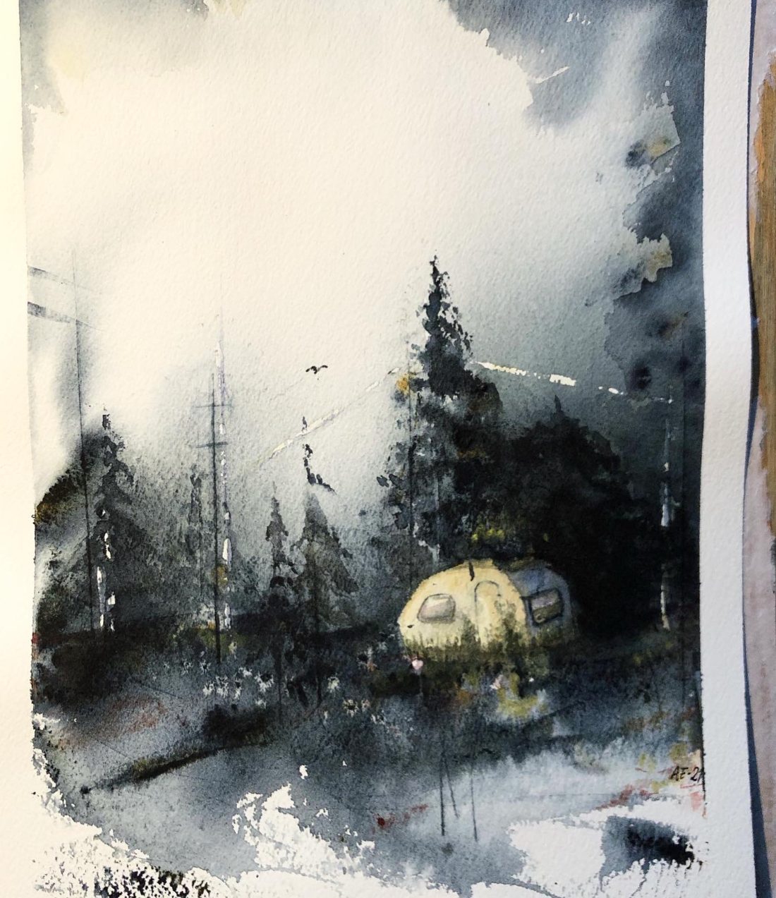 Husvagnen i skogen — akvarell